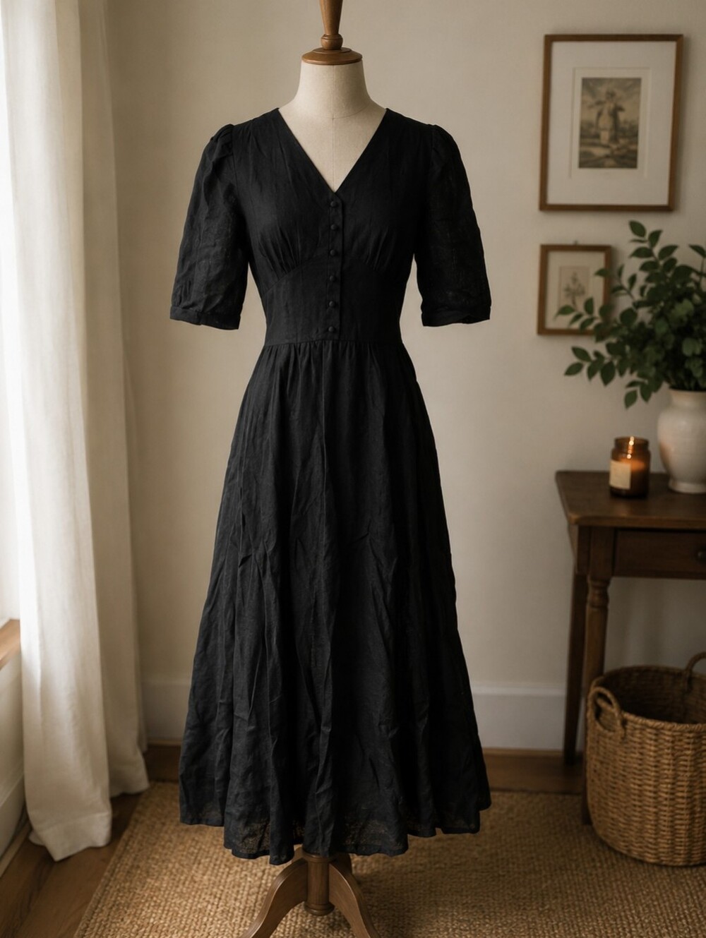 Son de Flor Black V-Neck Button-Front Midi Dress